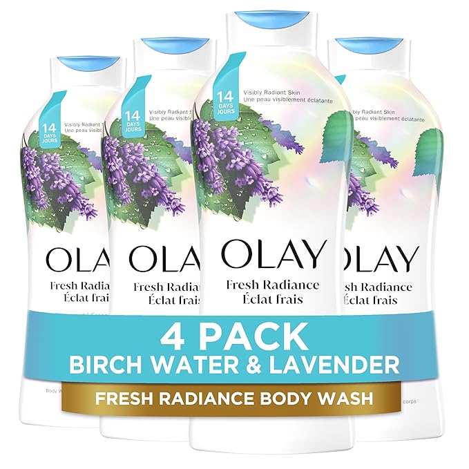 Olay Body Wash for Women Fresh Radiance Refreshing &amp Renewing Made with Plant Based Cleansers B3 Botanical Complex For All Skin Types Birch Water &amp Lavender Scent 22 fl oz (Pack of 4)