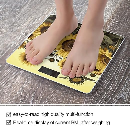 Yellow Sunflower Floral Scale with LCD Easy-to-Read Anti-Slip Weight Digital Bathroom Scale Precision Weighing Scales Sturdy Tempered Glass Body Weight Scales for Daily Use