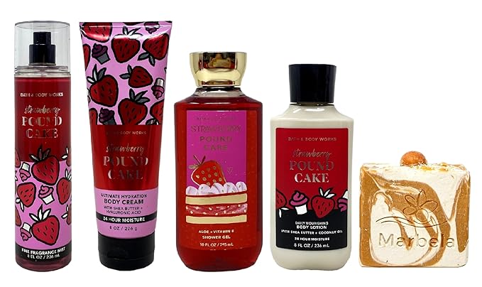 Bath &amp Body Works Strawberry Pound Cake - Ultimate Hydration Body Cream Fine Fragrance Mist Body Lotion and Shower Gel - with a Peach Gardenia Bar Soap