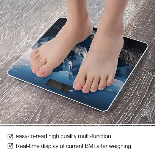 Melting Snow Mountain Scale for Body Weight Anti-Slip Tempered Glass Digital Bathroom Scales Clear LCD Display Weighing Scale Safe Rounded Corners Smart Scales