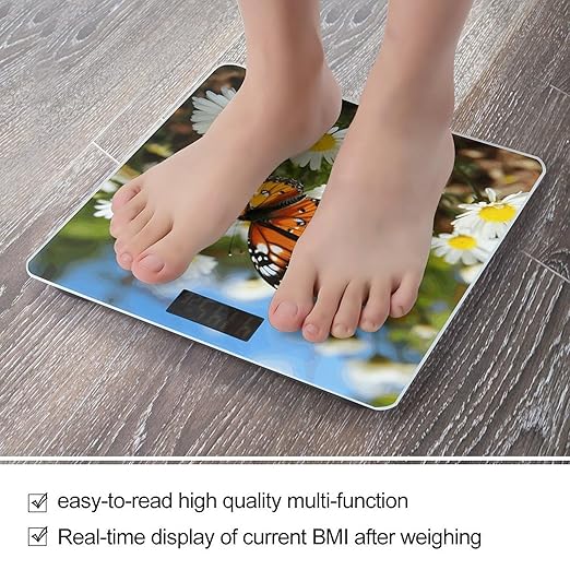 Butterfly on Daisy Flower Bathroom Scale Large LCD Backlight Display Digital Scale Rounded Corners Body Scales Automatic Power On/Off Bathroom Scales for Home Bedrooms