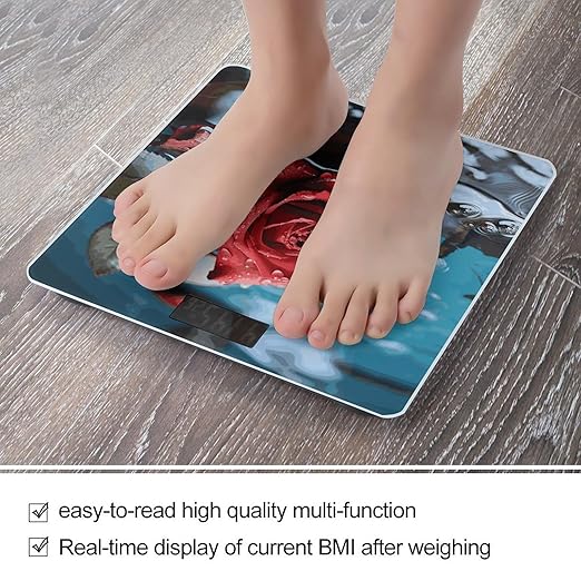 Red Rose in Water Scale for Body Weight Anti-Slip Digital Bathroom Scale Sturdy Toughened Glass Weighing Scales High Precision Safe Rounded Corners Smart Scales
