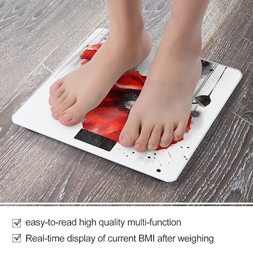 Beautiful Poppy Flower Ink Weight Scale Large Bathroom Scales Digital Weight with Bright LED Display Non Slip Automatic Weighing Scale Fashion Weighing Machine for Body