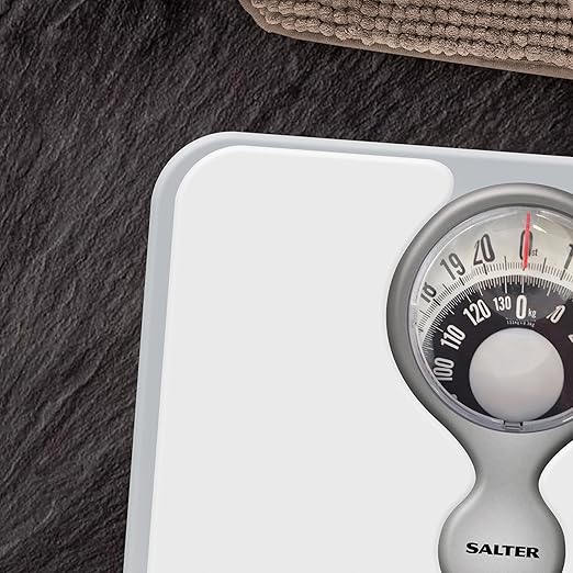 Salter 484 WHDR Mechanical Bathroom Scale – Premium Body Weight Scale Personal Analogue Scale Large Magnifying Lens 133 KG Max Capacity Monochrome Design No Batteries Required White