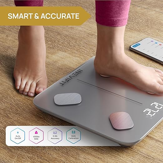 INEVIFIT Smart Body Fat Scale Highly Accurate Bluetooth Digital Bathroom Body Composition Analyzer Measures Weight Body Fat Water Muscle Visceral Fat &amp Bone Mass for Unlimited Users (Eco-SIL