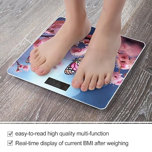 Pink Flowers Butterflies Digital Bathroom Scale for Body Weight with High Precision Digital Weighing Scale with BMI Clear LCD Display and Step-On Measures Weight Up to 180kg