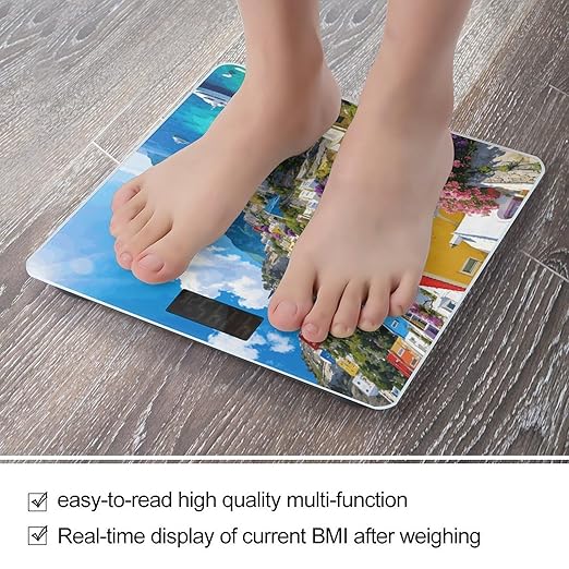 Colorful Houses and Blue Sea Smart Scale for Body Weight Digital Bathroom Scale Toughened Glass Weight Scale with Large LCD Backlight Display High Precision Scales Weighing Machine