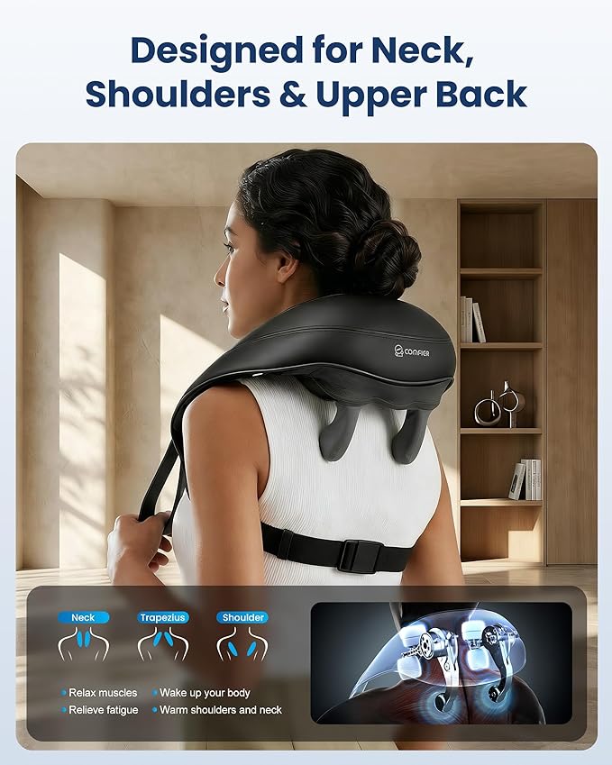 COMFIER Hands-Free Neck and Shoulder Massager with Heat Cordless 4D Deep Tissue Kneading Back Massager Rechargeable Shiatsu Massage for Pain Relief Home Office &amp Housework