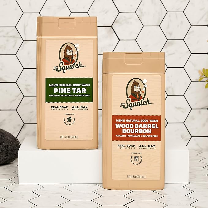Dr. Squatch Natural Men's Body Wash Shower Gel - Cleansing Nourishing Long Lasting Scent Moisturizing Body Wash for Men - Pine Tar + Wood Barrel Bourbon (14 oz 2-Pack)