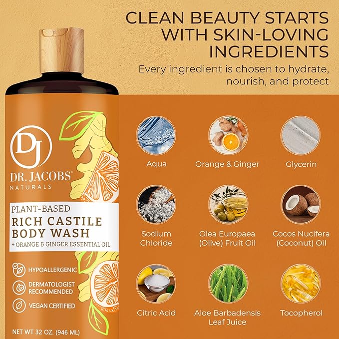 Dr. Jacobs Naturals Castile Orange and Ginger All-Natural Body Wash for Moisturizing Dry Skin with Plant-Based Ingredients with Pump - 32 Ounce