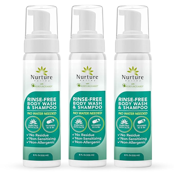 Nurture Rinse Free Body Wash &amp Shampoo w/Aloe | Hospital Grade Hair &amp Body Waterless Cleansing Foam | Women Camping Elderly &amp Hospital Patients | Shower Bath &amp Hand Soap for Sensitiv