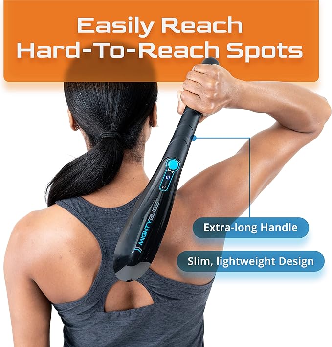 Mighty Bliss Deep Tissue And Back Massager Cordless Handheld Electric Percussion Muscle Massager Machine - Long Handle Full Body Therapy Massager For Neck Shoulder Back Leg Feet - 6 Heads Included