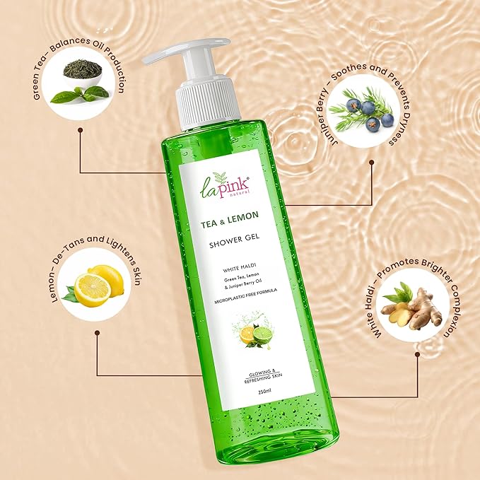 La Pink Tea &amp Lemon Shower Gel with White Haldi | For Glowing &amp Refreshing Skin | 100% Microplastic Free Formulation 250 ML