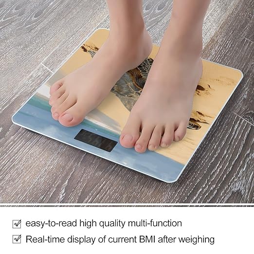 Turtles on The Beach Digital Bathroom Scale for Body Weight with High Precision Digital Weighing Scale with BMI Clear LCD Display and Step-On Measures Weight Up to 180kg