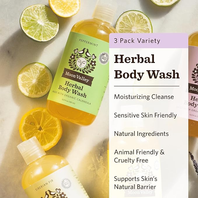 Moon Valley Organics Herbal Body Wash Lavender Peppermint Siberian Fir All Natural Ingredients No Parabens Vegan Moisturizing Essential Oils Variety 3 Pack