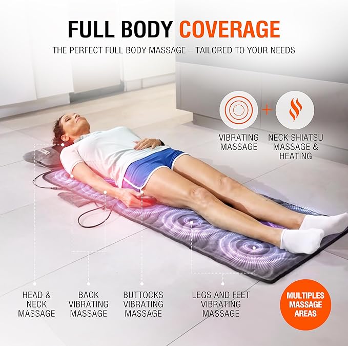 Powermat Full Body Massage Mat with Heat - Shiatsu Back Massager Pad for Bed Chair &amp Recliner - Electric Vibrating Heating Pad - Whole Body Massager Mat for Pain Relief - Massage Mattress by Powe