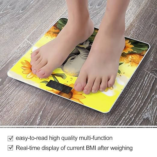 Mother and Baby Elephant Sunflowers Bathroom Scale Large LCD Backlight Display Digital Scale Rounded Corners Body Scales Automatic Power On/Off Bathroom Scales for Home Bedrooms
