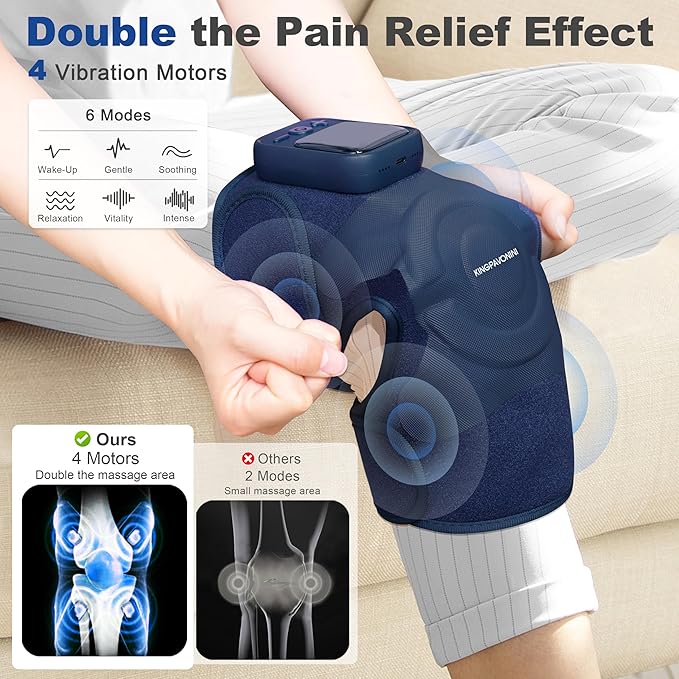 KingPavonini Cordless Knee Massager for Pain Relief Newly 4 Motors Vibration 5 Heat Levels 6 Massage Modes Knee Heating Pad for Knee Pain Heated Knee Massager Brace for Mom Dad (Blue 2.0)