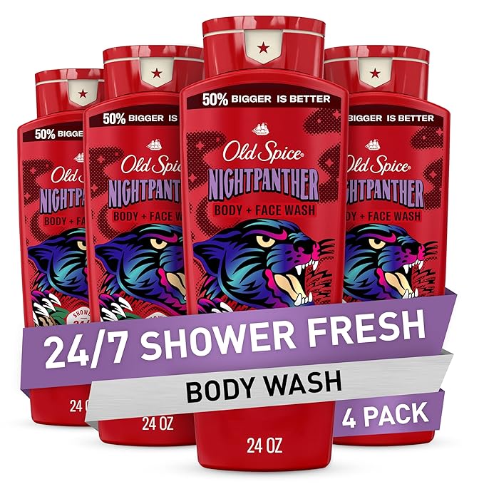 Old Spice Cleansing Body Wash for Men 3X Defense 24/7 Shower Fresh with Lasting Scent 2-in-1 Body &amp Face Wash NightPanther with Rich Warm Scent 24 oz (Pack of 4)