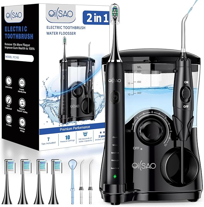 Electric Toothbrush with Water Flosser Combo: 600ML Large Water Tank &amp Ultrasonic Cleaning- Gum Care &amp Whitening- 5 Brush Modes &amp 10 Pressure Settings for Family Use Black