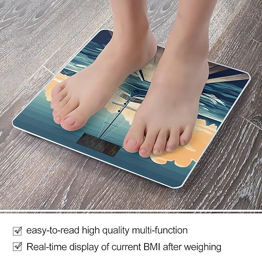 Boat Seascape Theme Bathroom Scale for Body Weight Bathroom Digital Electronic Weighing Scale with Back Lit LED Display Sturdy Tempered Glass Weight Watchers Scales 400lb