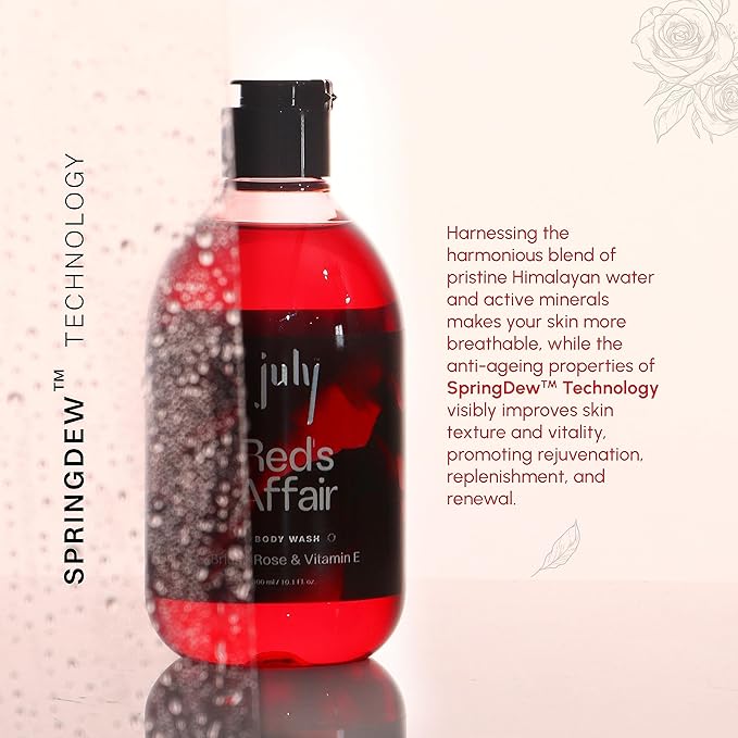 July Reds Affair Body Wash 300ml British Rose Vitamin E with Moisturizer Long Lasting Fragrance Exfoliating Shower Gel Nourishing Body Wash for Women &amp Men