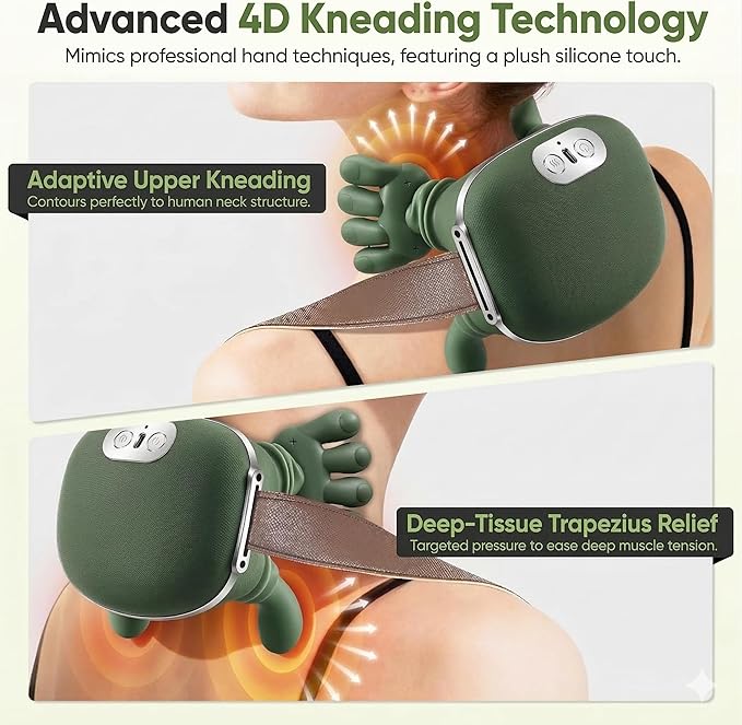 Bionic Neck and Back Massager 2-Level Heated Shiatsu Massager 4D Deep Tissue Kneading MassageSimulated Hand Massage for Pain &amp Muscle Relief (Green)