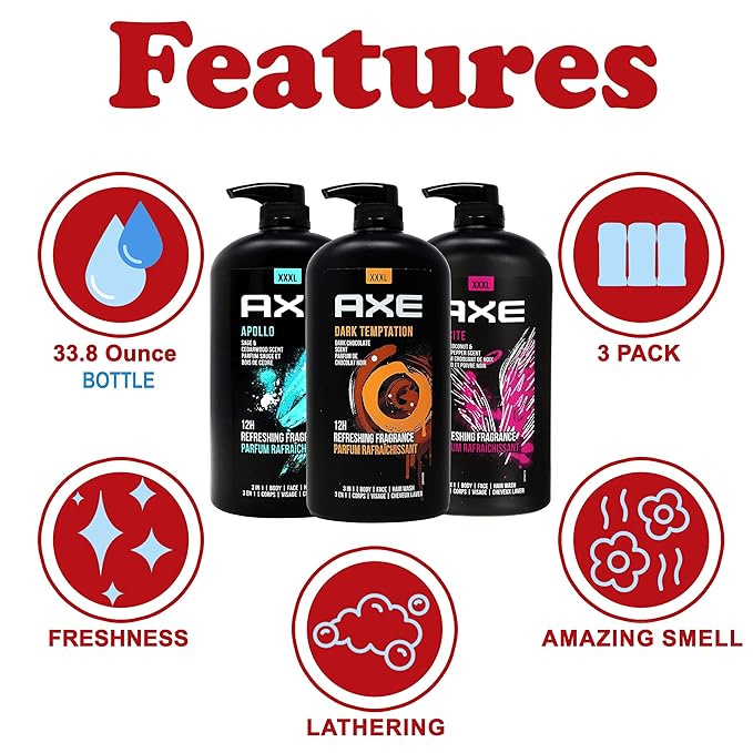 Axe Men's Body Wash Variety Set Set of 3 Scents Axe Dark Temptation Apollo and Excite Body Wash 3in1 Body and Face Wash in Pump Bottle 33.8 Ounce Each