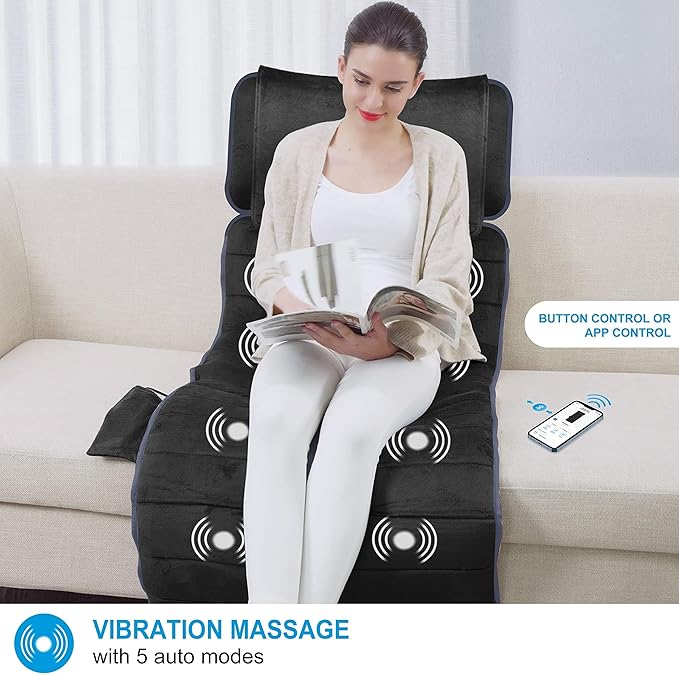 COMFIER Full Body Massage Mat with Heat &amp Vibration - 10 Motors App Control Movable Shiatsu Neck Pillow &amp 4 Heating Pads for Neck Shoulders Back Black