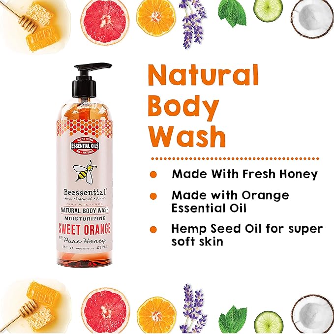 Beessential Natural Body Wash Sweet Orange Sulfate-Free Bath and Shower Gel with Essential Oils for Men &amp Women 16 oz