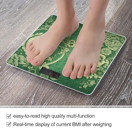 Green Vintage Floral Scale for Body Weight Anti-Slip Sturdy Tempered Glass Weighing Machine Highly Digital Accurate Bright LCD Bathroom Scale for Household Gift