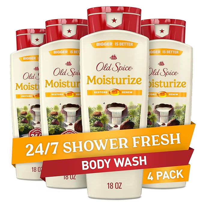 Old Spice Cleansing Body Wash for Men 24/7 Shower Fresh with Lasting Scent Restore &amp Renew Gentle on Skin Vitamin B3 Moisturize with Shea Butter Scent 18 oz (Pack of 4)