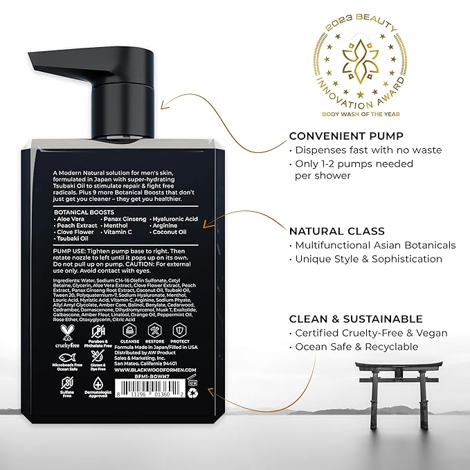 Blackwood For Men Pure Moisture Body Wash (7oz) + Double Duty Beard &amp Body Scrubber Bundle - Natural Vegan Formula for Sensitive Skin and Workout Recovery - Dual-Sided Men's Shower Tool