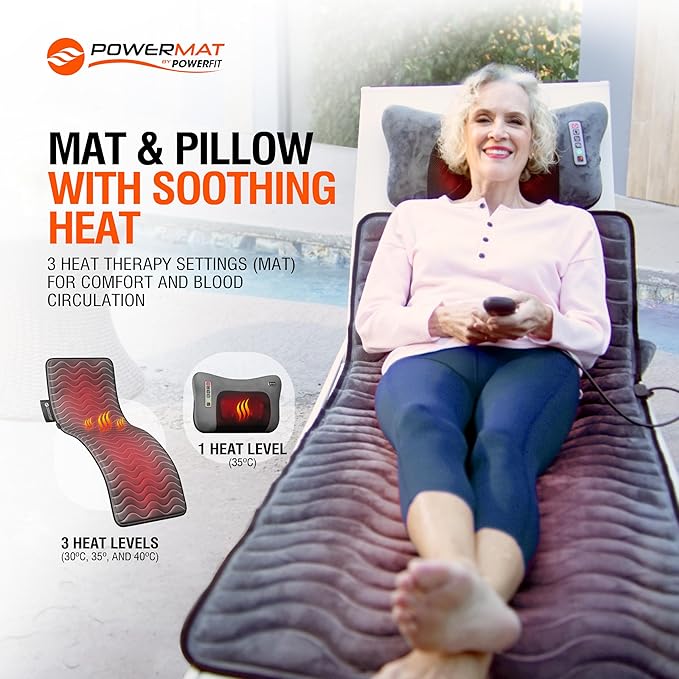 Powermat Full Body Massage Mat with Heat - Shiatsu Back Massager Pad for Bed Chair &amp Recliner - Electric Vibrating Heating Pad - Whole Body Massager Mat for Pain Relief - Massage Mattress by Powe