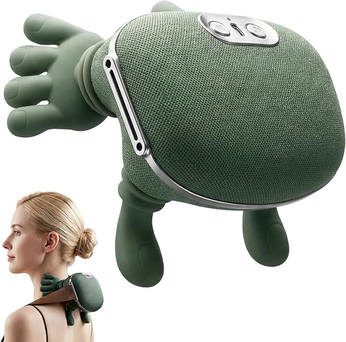 Neck Massager with Heat Portable Shoulder &amp Back Cordless Deep-Tissue Kneading Quiet Brushless Motor Adjustable Strap USB-C Rechargeable Non-Slip Grip Home/Office/Travel – Green