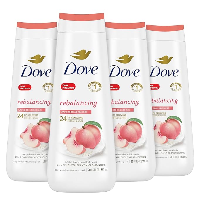 Dove Body Wash Rebalancing White Peach &amp Rice Milk 4 Count for Renewed Healthy Looking Skin Moisturizing Gentle Skin Cleanser with 24hr Renewing MicroMoisture 20 oz