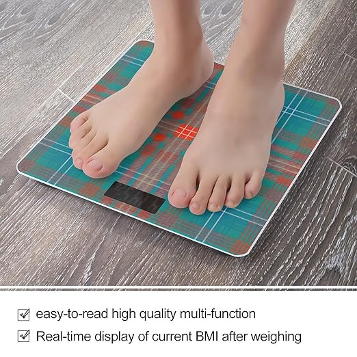 Digital Glass Plaid Orange Turquoise Check TartanBathroom Scale Scale for Body Weight Digital Bathroom Weighing Machine Battery Powered Measures Weight Up to 400 Lb Capacity