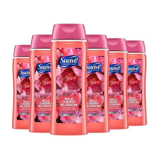 Suave Body Wash Pack of 6 Cherry Blossom and Men's Cedarwood 18 Oz With Vitamin E and 10X More Moisturizers
