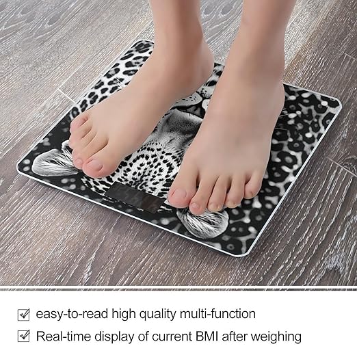 Black and White Leopard Face Bathroom Scale for Body Weight LCD Display Digital Bathroom Scale Tempered Glass Bathroom Weight Scales Fashion Smart Scales for Home Bedroom 400 Lb