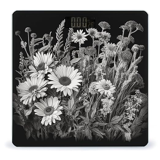 Black and White Flowers Weight ScaleClear LED Display Bathroom Digital Weighing ScaleTempered Glass Digital Bathroom Scale for Body Weight Capacity Up to 400 Lbs