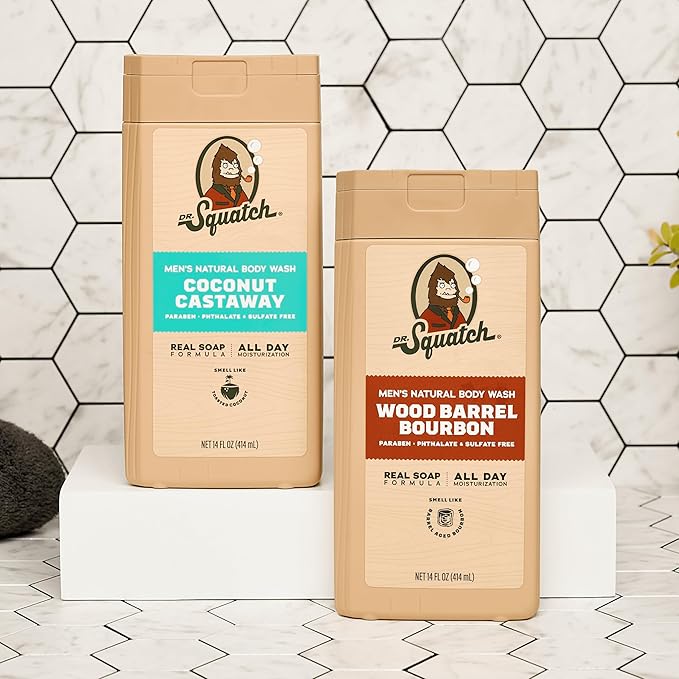 Dr. Squatch Natural Men's Body Wash Shower Gel - Cleansing Nourishing Long Lasting Scent Moisturizing Body Wash for Men - Coconut Castaway + Wood Barrel Bourbon (14 oz 2-Pack)