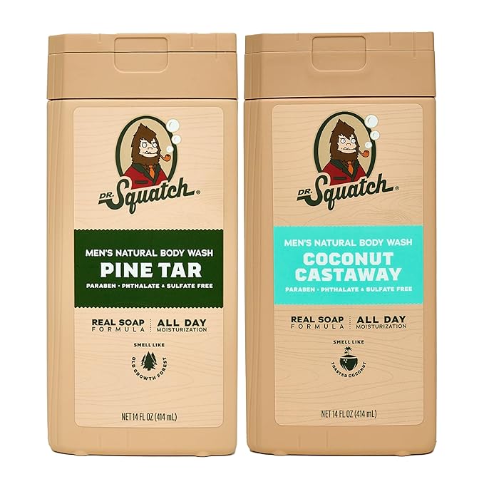 Dr. Squatch Natural Men's Body Wash Shower Gel - Cleansing Nourishing Long Lasting Scent Moisturizing Body Wash for Men - Pine Tar + Coconut Castaway (14 oz 2-Pack)
