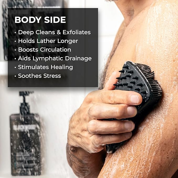 Blackwood For Men Pure Moisture Body Wash (17 oz) + Double Duty Beard &amp Body Scrubber Bundle - Natural Vegan Formula for Sensitive Skin and Workout Recovery - Dual-Sided Men's Shower Tool