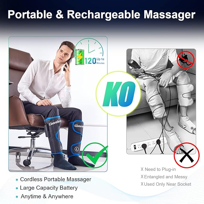 Rechargeable Leg Massager with Heat for Circulation Air Compression Pain Relief Calf Foot Massager Electric Machine Massage Handheld Controller 3 Intensities 3 Modes