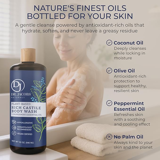 Dr. Jacobs Naturals Castile Peppermint All-Natural Body Wash for Moisturizing Dry and Sensitive Skin with Plant-Based Ingredients with Pump - 32 Ounce