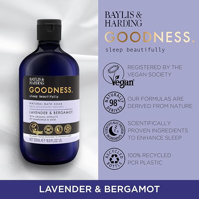 Baylis &amp Harding Goodness Sleep Lavender &amp Bergamot Bundle: 4 x 16.9 fl. oz Bath Soak &amp 4 x 33.8 fl. oz Bath Salts - Vegan Friendly