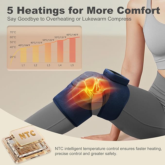 KingPavonini Cordless Knee Massager for Pain Relief Newly 4 Motors Vibration 5 Heat Levels 6 Massage Modes Knee Heating Pad for Knee Pain Heated Knee Massager Brace Gifts for Mom Dad (Blue 1.0)