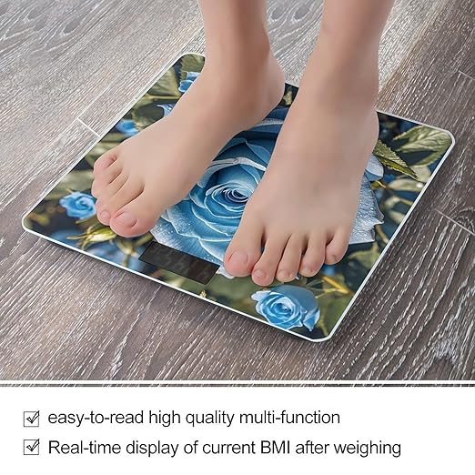 Romantic Blue Rose Bathroom Scale for Body Weight Bathroom Weighing Scales with Back Lit LED Display Sturdy Tempered Glass Body Weight Bathroom Scale 400lb Weighing