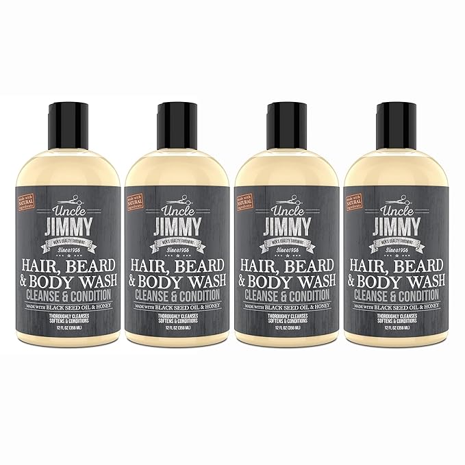 Uncle Jimmy Hair Beard &amp Body Wash | Sulfate Free Paraben Free with Naturally Derived Clean Ingredients Leaving Skin Soft and Hydrating 12 Fl Oz Pack of 4