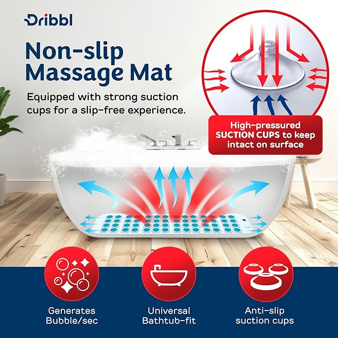 Dribbl Electric Bubble Massage Bathtub Mat – Non-Slip Full-Body Waterproof Hot Tub Spa Mat for Bath with Heater Motorized Air Pump and Remote Control 6-Speed Adjustable Massage Aqua